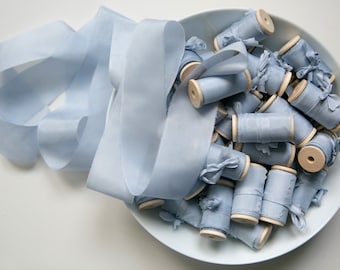 Zijden lint, zacht blauw handgeverfd zijden lint, zijden linten, handgeverfde zijden linten, 100% puur zijden lint, bruiloftslint