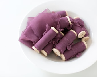 Silk Ribbon, Purple Plum Hand dyed Silk Ribbon, Silk ribbons, Hand dyed silk ribbons, 100% pure silk ribbon, bridal bouquet ribbon