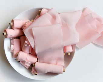 Silk Ribbon, soft Pink Blush coral Hand dyed Silk Ribbon, Silk ribbons, Hand dyed silk ribbons, 100% pure silk ribbon, wedding ribbon