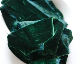 Velvet Silk Ribbon, Dark Emerald Velvet ribbons,handmade, hand-dyed, eco friendly, bridal bouquets, wedding invitations, photography styling