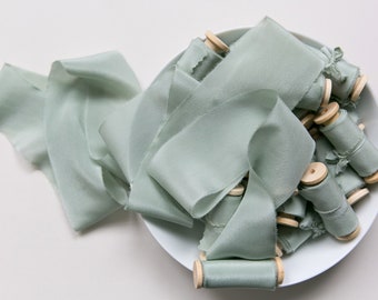 Silk Ribbon; Hand-dyed Silk Ribbon; Wedding bridal bouquet; Silk ribbon, hand-dyed, Plant-dyed Sage 100% pure silk ribbon