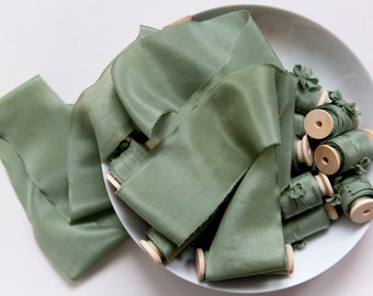 Silk Ribbon, Green Basil occasional markings Hand dyed Silk Ribbon, Silk ribbons, 100% pure silk ribbon, wedding ribbon