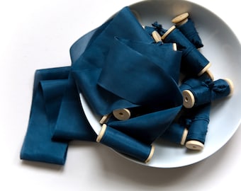 Silk Ribbon, Blue deep ocean Hand dyed Silk Ribbon, Silk ribbons, Hand dyed silk ribbons, 100% pure silk ribbon, wedding ribbon