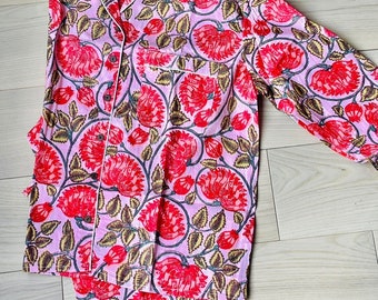 Indian Cotton Pj Sets/ Cotton Pajama Set/ Women Night Pj Set/ Floral Printed Pink Color Pajama Set/ Cotton Shirt And Pant Set, Gift For Her