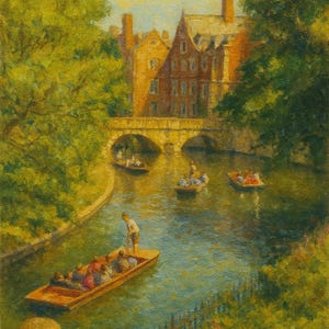 May include: An oil painting depicting Cambridge, with punts on a river and a stone bridge in the background. Buildings with red roofs and trees frame the scene. The word "CAMBRIDGE" is printed in large letters at the bottom of the image.