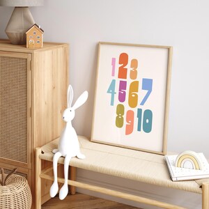 Impresión de números de arcoíris, arte mural infantil, póster de conteo, decoración colorida para sala de juegos, sala de juegos alegre para niños pequeños, aula educativa, Montessori