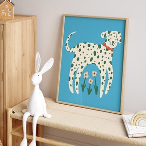 Fun Dalmatian Poster, Retro Animal Kids Print, Blue Spotted Dog Picture, Whimsical Playroom Illustration, Colorful Nursery Decor
