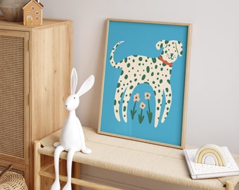 Fun Dalmatian Poster, Retro Animal Kids Print, Blue Spotted Dog Picture, Whimsical Playroom Illustration, Colorful Nursery Decor