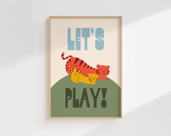 Impresión de tigre juguetón, arte de pared alegre para espacios de juego infantiles