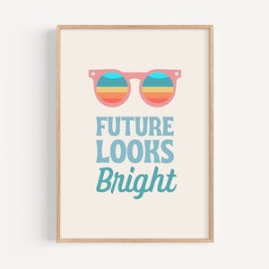 Impresión colorida para niños, buenas vibraciones, póster alegre para sala de juegos, lindas gafas de sol de arcoíris, decoración de guardería azul, arte de pared retro, afirmación positiva