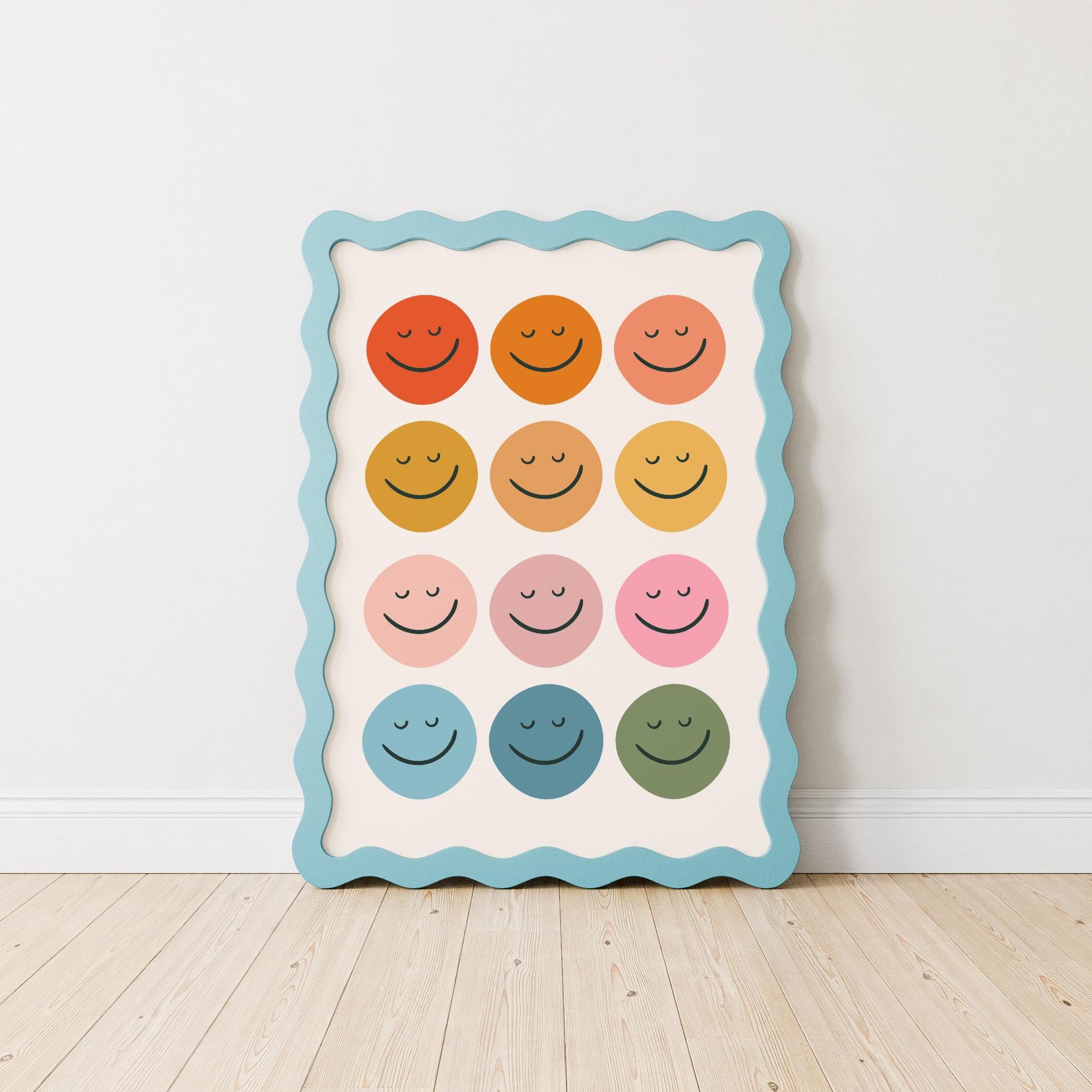 フリー刺繍　SMILE　アートパネル　サイズ「A5」 Retro Smiley Face Print, Kids Wall Art, Modern Playroom Art, Boho