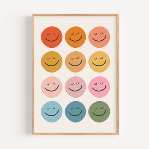 Impresión de cara sonriente retro, arte de pared infantil, arte moderno para sala de juegos, regalo bohemio arcoíris para niños pequeños, decoración colorida para guardería, póster imprimible