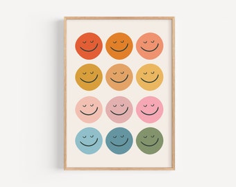 Retro Smiley Face Print, Kids Wall Art, Modern Playroom Art, Boho Rainbow Toddler Gift, Colorful Nursery Decor, Printable Poster