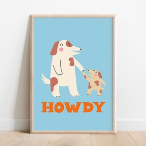 Impression de chien bonjour, art mural de chambre d'enfants, affiche animal mignon, art lunatique de salle de jeux pour tout-petits, déco chambre d'enfant bleu vif