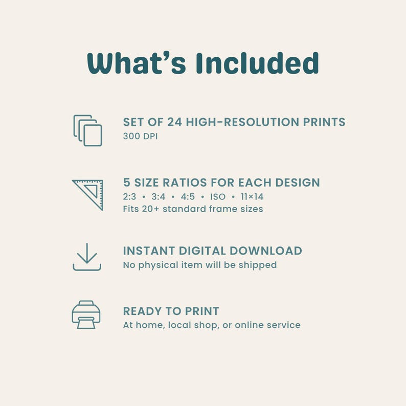 May include: An informational graphic titled What's Included, listing a set of 24 high-resolution 300 DPI prints, 5 size ratios for each design including 2:3, 3:4, 4:5, ISO, and 11x14, an instant digital download, and a ready to print notice.