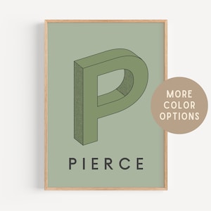 Custom Digital Print, Kids Name Art, Personalized Green Poster, Retro Monogram Gift, Large Initial Letter, Bold Typography