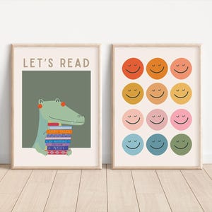 Bestseller Bundle, Zweierset Kinderdrucke, Smiley-Wandkunst, lustiges Krokodil-Leseplakat, Retro-Spielzimmerdekor, bunte positive Vibes