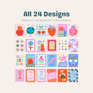 May include: A collection of 24 rectangular cards featuring colorful illustrations of fruits, flowers, animals, and text. The designs include motifs like cherries, strawberries, rainbows, and bees, with phrases such as Hello Sun Shine and Play All Day.