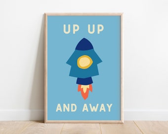 Rocket Ship Kids Print, Retro Nursery Decor, Playroom Wall Art