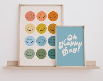 Set of 2 Prints, Retro Kids Bedroom, Funky Wall Art, Cute Playroom Decor, Happy Smiley Face Poster, Boho Vintage Colors, Boys Nursery Poster