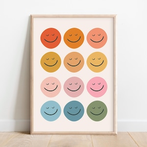 Póster retro con cara sonriente, estampado de arcoíris para niños, galería de pared para sala de juegos, decoración de guardería bohemia, arte para habitación de niños, regalo genial para niños pequeños