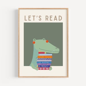 Kinder lesen Poster, Retro Kleinkind Wandkunst, Wunderliche Krokodil Bild, Spielzimmer Klassenzimmer Dekor, süße Tier Illustration, Bücherecke