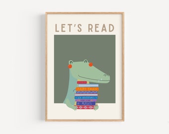 Affiche de lecture pour enfants, art mural rétro pour tout-petits, photo de crocodile fantaisiste, décoration de salle de jeux, illustration d'animaux mignons