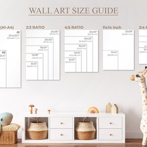 May include: A wall art size guide with different ratios and sizes listed in inches and centimeters. The guide shows the dimensions of various sizes of wall art, including 5:7 ratio, 2:3 ratio, 4:5 ratio, 11x14 inch, and 3:4 ratio.