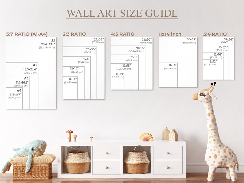 May include: A wall art size guide with different ratios and sizes listed in inches and centimeters. The guide shows the dimensions of various sizes of wall art, including 5:7 ratio, 2:3 ratio, 4:5 ratio, 11x14 inch, and 3:4 ratio.