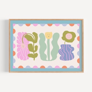 Schrulliges Blumenposter für Kinder - wundervoller Smiley-Druck - Eklektische Spielzimmerdekoration - Lustige Wandkunst für Mädchenzimmer oder Kinderzimmer
