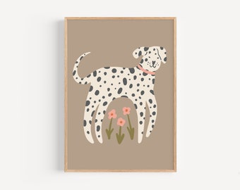 Cute Dalmatian Print, Boho Kids Wall Art, Whimsical Dog Illustration, Adorable Girls Playroom Poster, Neutral Nursery Decor