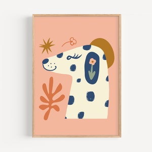 Arte de pared para niños, ilustración caprichosa de perros, impresión retro para niños pequeños, decoración moderna y colorida de la guardería, póster de animales peculiar