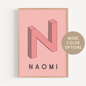 Impressão digital personalizada, arte com nome de criança, pôster rosa personalizado, presente retrô de monograma, letra inicial grande, tipografia em negrito