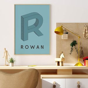May include: A light blue poster with a 3D stylized letter "R" in a darker blue color. The name "ROWAN" is printed in black below the letter.