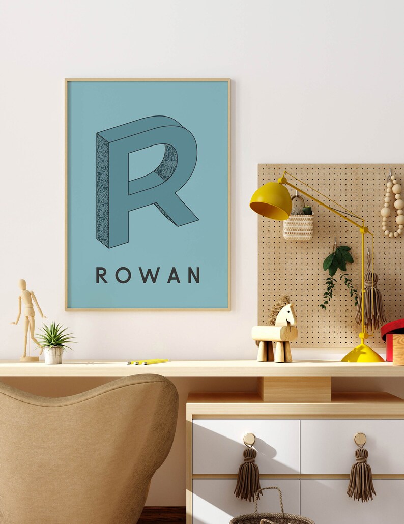 May include: A light blue poster with a 3D stylized letter "R" in a darker blue color. The name "ROWAN" is printed in black below the letter.