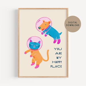 Cat & Dog Astronaut Print: Retro Kids Nursery Decor (Digital Download)