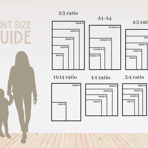 May include: Print size guide with various aspect ratios and dimensions in inches. Includes 2:3, A1-A4, 4:5, 11:14, 1:1, and 3:4 ratios. Silhouettes of a parent and child are in the foreground.