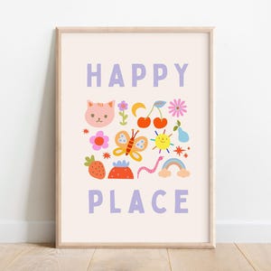 Impresión de "Happy Place", arte mural infantil, decoración de sala de juegos, dormitorio infantil original, póster colorido y brillante, dibujo de garabatos Kidcore, buenas vibras
