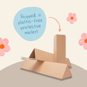 May include: Three brown cardboard boxes, two are triangular and one is rectangular. The boxes are stacked on top of each other. A blue speech bubble with the text "Shipped in plastic-free protective mailers" is in the upper left corner of the image. A pink flower is on either side of the boxes.