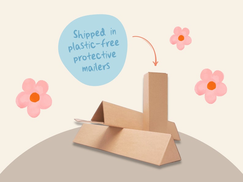 May include: Three brown cardboard boxes, two are triangular and one is rectangular. The boxes are stacked on top of each other. A blue speech bubble with the text "Shipped in plastic-free protective mailers" is in the upper left corner of the image. A pink flower is on either side of the boxes.