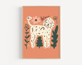 Cute Dog Poster, Kids Wall Art, Whimsical Poodle, Playful Toddler Decor, Colorful Modern Nursery, Peach Girls Bedroom, Pink Daughter Gift
