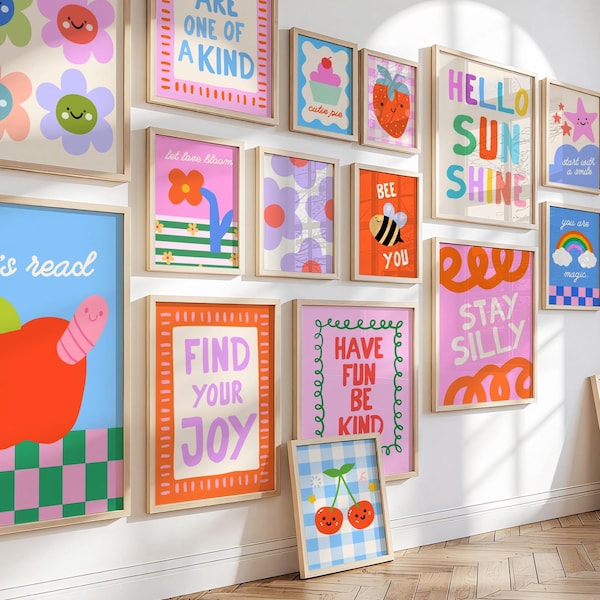 Stampe fantasiose che stimolano la dopamina, 24 allegri poster per la cameretta, pacchetto di stampe artistiche da parete per bambine