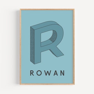 May include: A light blue poster with a 3D stylized letter "R" in a dark blue outline. The name "ROWAN" is printed in black below the letter.