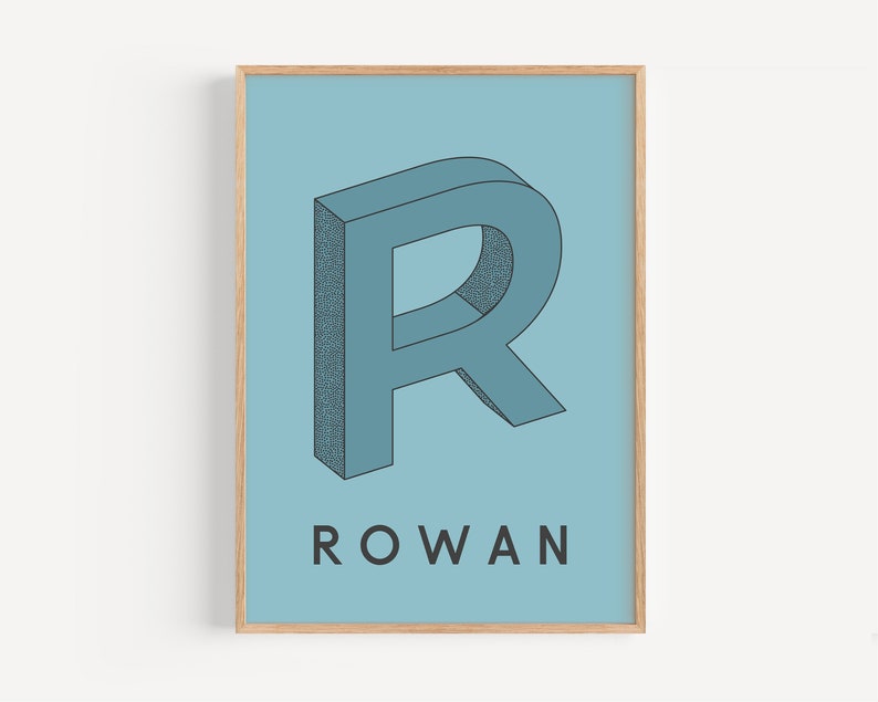 May include: A light blue poster with a 3D stylized letter "R" in a dark blue outline. The name "ROWAN" is printed in black below the letter.