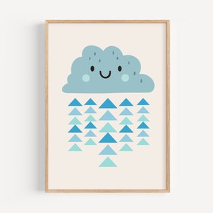 Stampa nuvola felice, arte della parete della camera dei bambini, poster del tempo carino, nuvola di pioggia blu stravagante, sala giochi allegra, asilo nido Boho