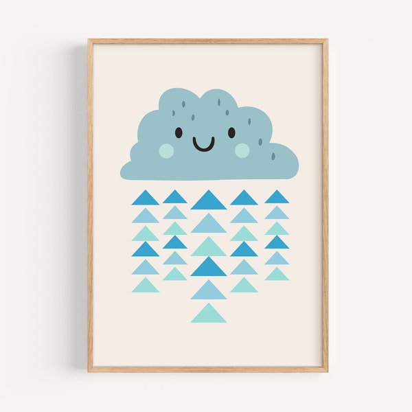 Happy Cloud Print, Kids Room Wall Art, Cute Weather Poster, Whimsical Blue Rain Cloud, Cheerful Playroom, Boho Nursery
