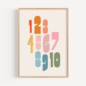 Póster de conteo para niños, impresión de números de arcoíris, arte colorido de pared para niños, sala de juegos alegre para niños pequeños, dormitorio bohemio brillante