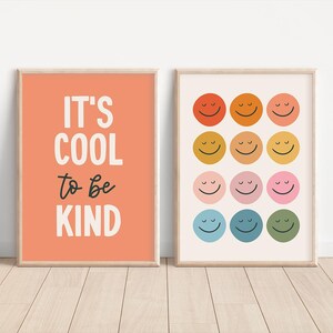 Niedliches Print Bundle, Kinder Wand Dekor, Cool to Be Kind, Regenbogen Smiley Gesicht, Positive Spielzimmer Kunst, Trendy Retro Poster, Pfirsich Mädchen Schlafzimmer Set