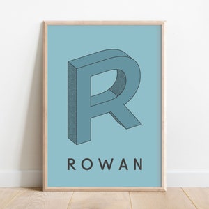 May include: A light blue poster with a 3D stylized letter "R" in a darker blue. The word "ROWAN" is printed in black below the letter.
