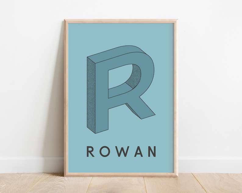 May include: A light blue poster with a 3D stylized letter "R" in a darker blue. The word "ROWAN" is printed in black below the letter.